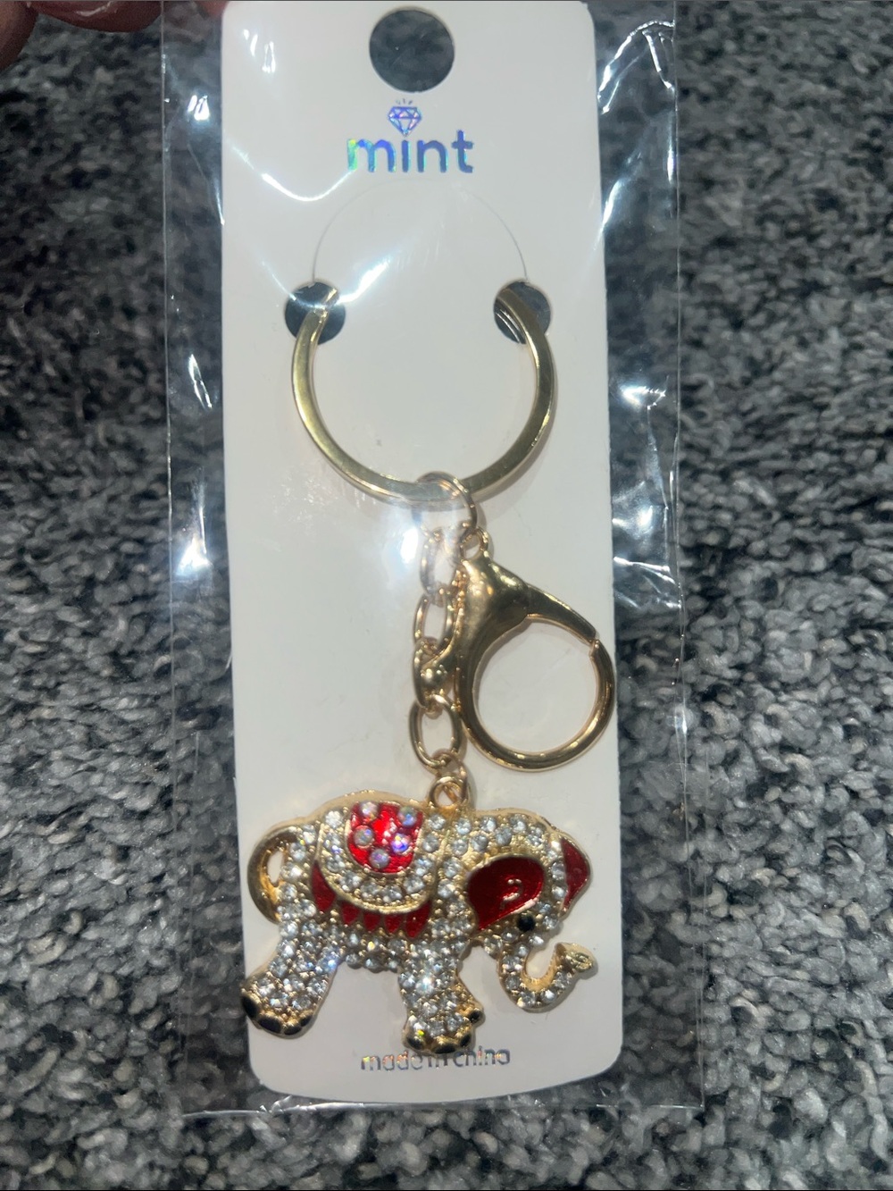 Mint Gold-Tone Elephant Keychain with Red Accents